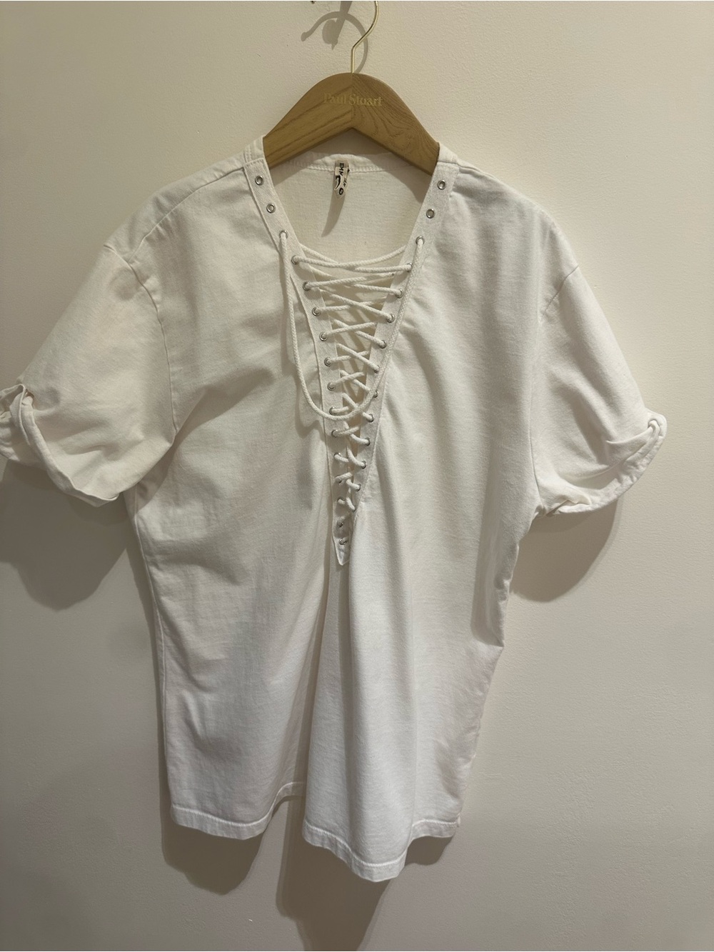 Emma & Sam White Lace-Up V-Neck Short Sleeve Top